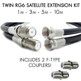 1M 3M Twin RG6 Sky Freesat Satellite Box Extension Cable F-Type Coupler Kit