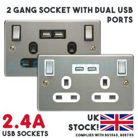 2 Gang UK Steel Wall Plate Mains Socket with 2.4A Dual USB Ports - Black/White
