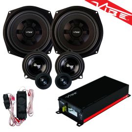 Vibe Car Audio 3 Way Component Door Speakers with Under-Seat Subwoofer and 4 Channel Amplifier Package for BMW
